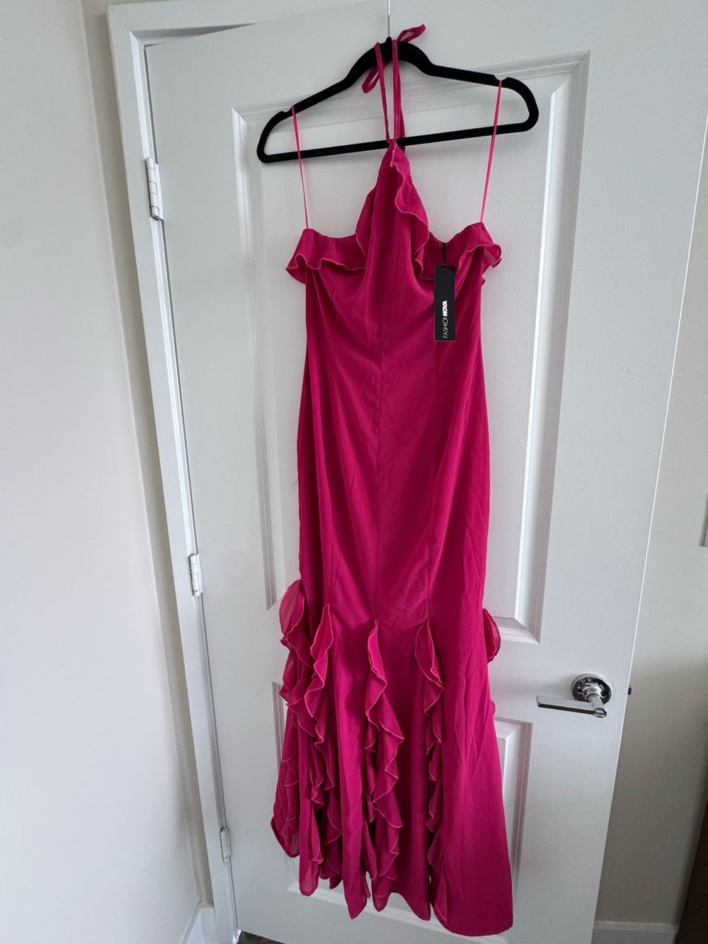 Sleeveless Ruffled Halter Evening Gown in Hot Pink - Picture 3 of 3
